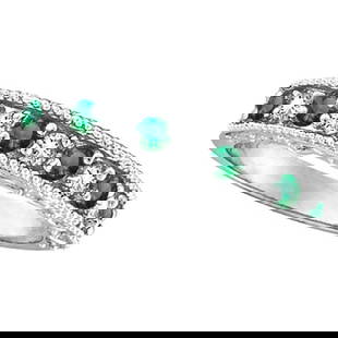 Designer Diamond and Emerald Ring Band in 14k White Gold 0.59 ctw: Designer Diamond and Emerald Ring Band in 14k White Gold 0.59 ctw -- CENTER STONE; Emerald CENTER STONE CLARITY; CENTER STONE COLOR; Green CENTER STONE SETTING; Prong SIDE STONE CLARITY; SI SIDE