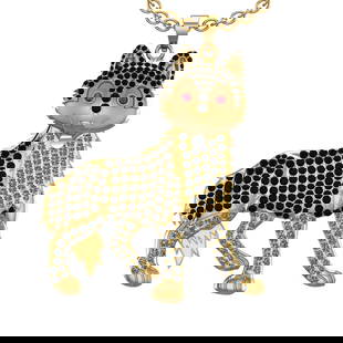 6.87 Ctw Treated Fancy Black Diamond 14K Yellow Gold Cute Dog Pendant Necklace: 6.87 Ctw Treated Fancy Black Diamond 14K Yellow Gold Cute Dog Pendant Necklace -- Eye stone weight :-0.06 ctw Eye stone color :- Ruby Center Diamond Weight : 4.01 Ctw (Round Cut) Center Color :-Treate