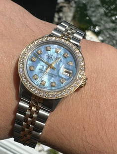 CUSTOM 26MM TWO-TONE DATEJUST ROLEX W/BLUE MOTHER OF PEARL DIAL & DIAMOND BEZEL COMES WITH BOX &: CUSTOM 26MM TWO-TONE DATEJUST ROLEX W/BLUE MOTHER OF PEARL DIAL & DIAMOND BEZEL COMES WITH BOX & APPRAISAL -- CUSTOM 26MM TWO-TONE DATEJUST ROLEX W/BLUE MOTHER OF PEARL DIAL & DIAMOND BEZEL COMES WITH