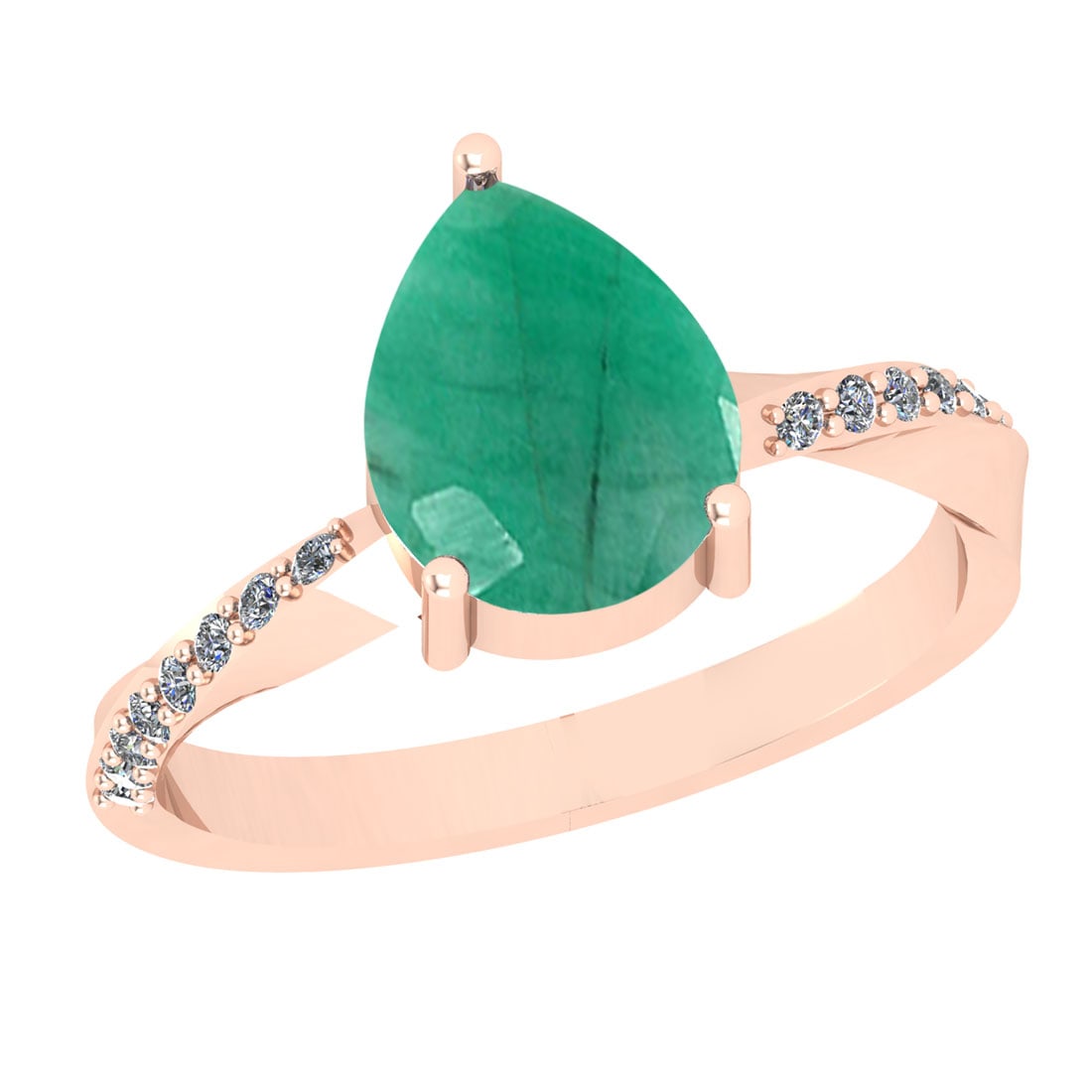2.11 Ctw SI2/I1 Emerald And Diamond 14K Rose Gold Engagement Ring: 2.11 Ctw SI2/I1 Emerald And Diamond 14K Rose Gold Engagement Ring -- Color Stone Weight : 2.00 Ctw (Pear Cut ) Center Stone Color : Emerald Center Stone Setting : Prong Side Stone Weight Of Ctw 0.11 C
