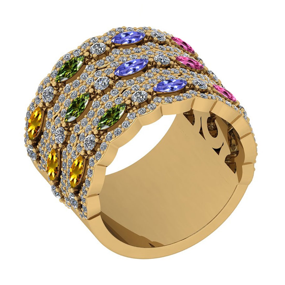 Certified 3.06 Ctw I2/I3 Multi Sapphire, tanzanite And Diamond 10K Yellow Gold Band Ring: Certified 3.06 Ctw I2/I3 Multi Sapphire, tanzanite And Diamond 10K Yellow Gold Band Ring -- Multi Stone Approx Weight: 1.50 Ctw (Marquise Cut) Multi Stone Color: Sapphire tanzanite Center Setting: Pro