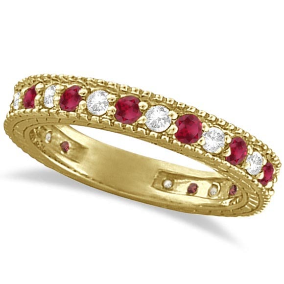 Diamond and Ruby Anniversary Ring Band 14k Yellow Gold 1.08ctw: Diamond and Ruby Anniversary Ring Band 14k Yellow Gold 1.08ctw -- CENTER STONE; Ruby CENTER STONE CLARITY; CENTER STONE COLOR; CENTER STONE SETTING; Prong SIDE STONE CLARITY; SI1-SI2 SIDE STONE COLOR;