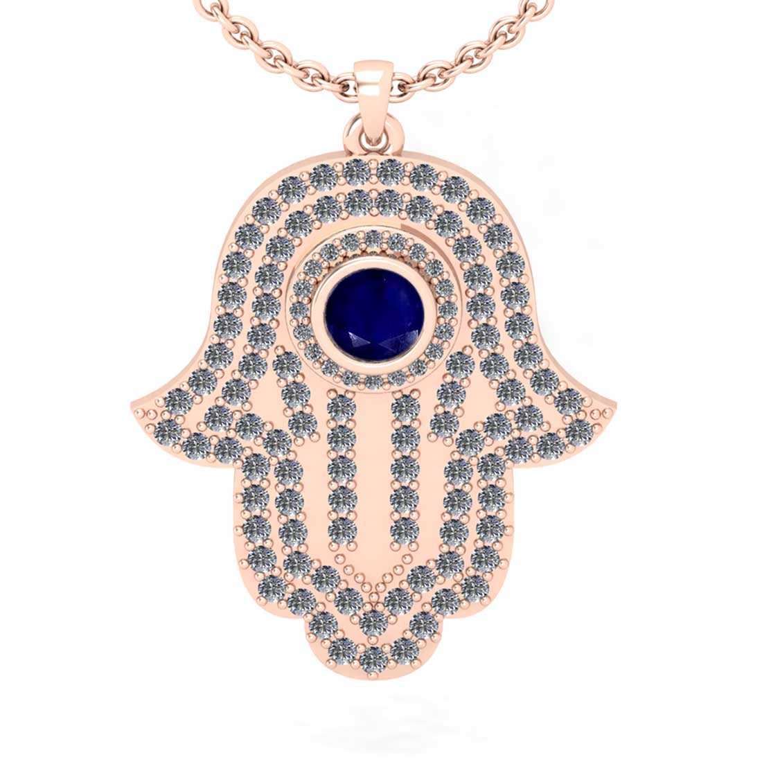 1.97 Ctw SI2/I1 Blue Sapphire and Diamond 14K Rose Gold Pendant Necklace: 1.97 Ctw SI2/I1 Blue Sapphire and Diamond 14K Rose Gold Pendant Necklace -- Center Stone Weight : 0.50 Ctw ( Round Cut) Center Stone Color :-Blue Sapphire Setting : Prong Side Diamond Weight Of Ctw 1.