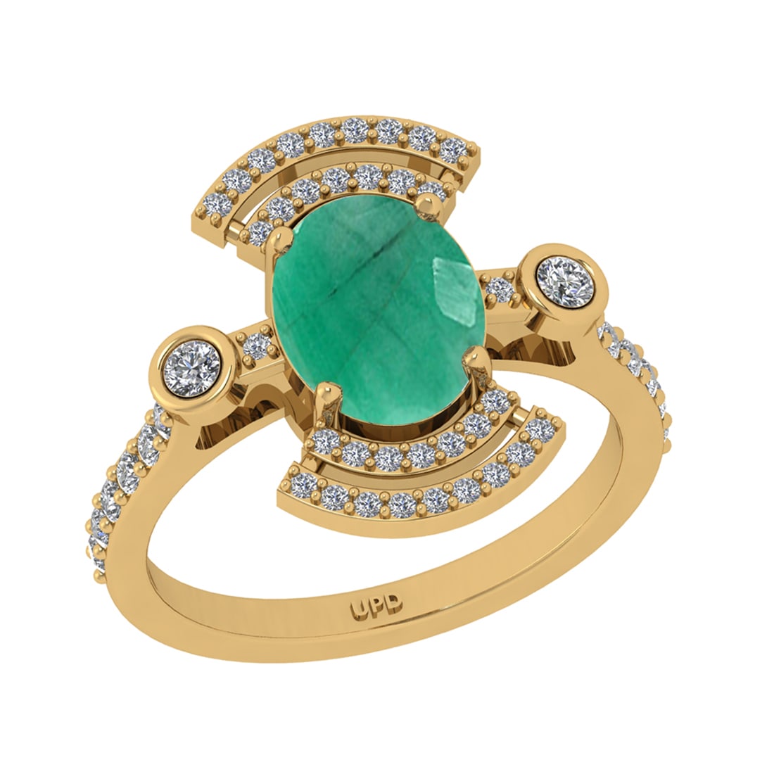 2.42 CtwSI2/I1 Emerald and Diamond 14K Yellow Gold Engagement Halo Ring: 2.42 CtwSI2/I1 Emerald and Diamond 14K Yellow Gold Engagement Halo Ring -- Center stone Weight :-: 2.70 Ctw ( Oval Cut) Color :- Emerald Center Stone Setting : Prong Side Diamond Weight Of Ctw 0.42 Ct