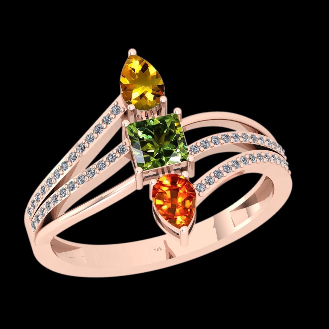 0.92 Ctw SI2/I1 Multi Sapphire And Diamond 14K Rose Gold Ring: 0.92 Ctw SI2/I1 Multi Sapphire And Diamond 14K Rose Gold Ring -- Multi Stone Weight : 0.67 Ctw (Princess & Pear cut) Multi Stone Color : Yellow,Green,Orange Sapphire Stone Setting : Prong Side Stone W