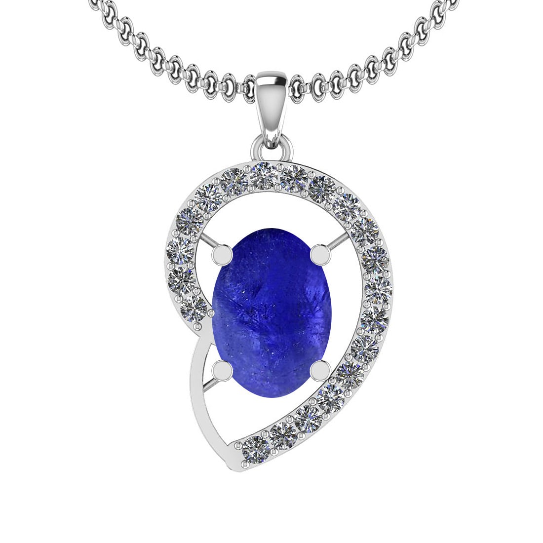 Certified 5.10 Ctw Tanzanite and Diamond I1/I2 14K White Gold Victorian Style Pendant: Certified 5.10 Ctw Tanzanite and Diamond I1/I2 14K White Gold Victorian Style Pendant -- Color Stone Approx Weight: 4.40 Ctw (1 pcs Oval Cabochon) Center Stone Color: Tanzanite Center Stone Setting: P