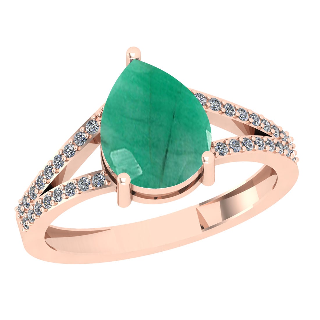 2.67 Ctw SI2/I1 Emerald And Diamond 14K Rose Gold Ring: 2.67 Ctw SI2/I1 Emerald And Diamond 14K Rose Gold Ring -- Color Stone Weight : 2.50 Ctw (Pear Cut ) Center Stone Color : Emerald Center Stone Setting : Prong Side Stone Weight Of Ctw 0.17 Ctw Side Sto