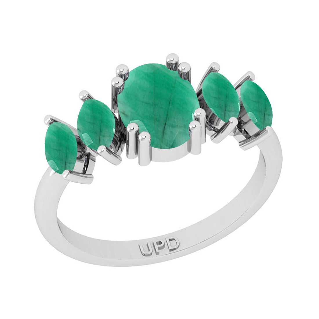 1.65 Ctw Emerald 14K White Gold Five Stone Ring: 1.65 Ctw Emerald 14K White Gold Five Stone Ring -- Center Stone Weight : 1.65 Ctw (Oval & Marquise ) Center Stone Color : Emerald Center Stone Setting : Prong Metal Weight : Approx 3.10 Gram 14K White