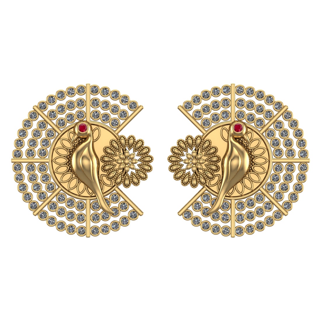 2.10 Ctw SI2/I1 Ruby and Diamond 14K Yellow Gold Little Birds Stud Earrings: 2.10 Ctw SI2/I1 Ruby and Diamond 14K Yellow Gold Little Birds Stud Earrings -- Eye Stone Weight :-0.02 ctw Eye stone Color :- Ruby Setting : Prong Side Weight Of Ctw 2.08 Ctw Color : J-K Clarity : SI2