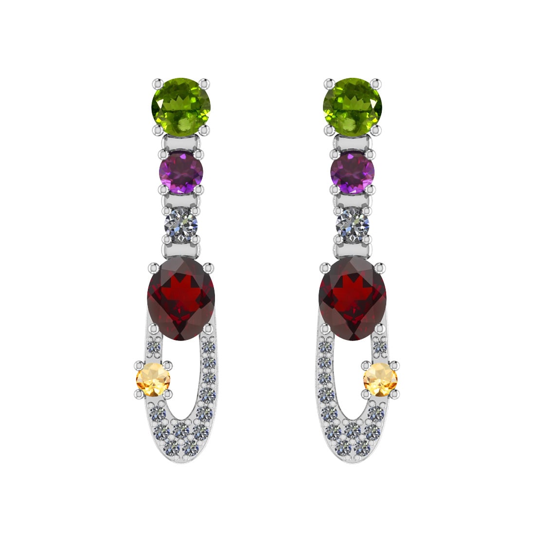 1.50 Ctw I2/I3 Multi Stone And Diamond 10K White Gold Earrings: 1.50 Ctw I2/I3 Multi Stone And Diamond 10K White Gold Earrings -- Multi Stone Weight : 1.40 Ctw ( Round & Oval Cut) Multi Stone Color :-Amethyst,Garnet,Peridot,Citrine Multi Stone Setting : Prong Side