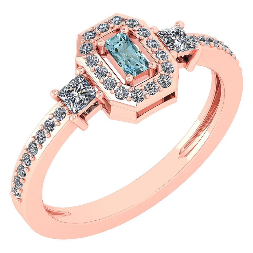 Certified 0.55 Ctw Aquamarine And Diamond 14k Rose Gold Ring: Certified 0.55 Ctw Aquamarine And Diamond 14k Rose Gold Ring -- Center Stone Weight ; 0.15 Ctw (1 Pcs Emerald) Center Stone Color: Aquamarine Center Stone Setting ; Prong Side Stone (2 Pcs Princess An