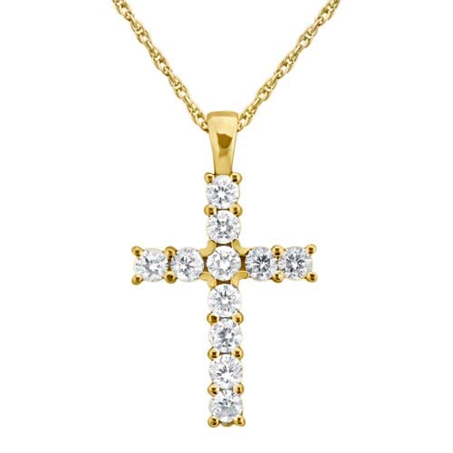 Prong-Set Diamond Cross Pendant Necklace 14k Yellow Gold 0.55ctw: Prong-Set Diamond Cross Pendant Necklace 14k Yellow Gold 0.55ctw -- CENTER STONE; Diamond CENTER STONE CLARITY; SI CENTER STONE COLOR; J-K CENTER STONE SETTING; Prong SIDE STONE CLARITY; SIDE STONE CO