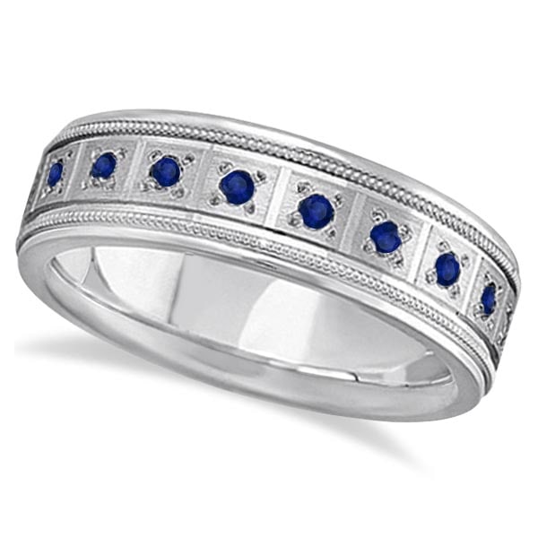 Blue Sapphire Ring for Men Wedding Band 14k White Gold 0.80ctw: Blue Sapphire Ring for Men Wedding Band 14k White Gold 0.80ctw -- CENTER STONE; Sapphire CENTER STONE CLARITY; CENTER STONE COLOR; Blue CENTER STONE SETTING; Burnish SIDE STONE CLARITY; SIDE STONE COL