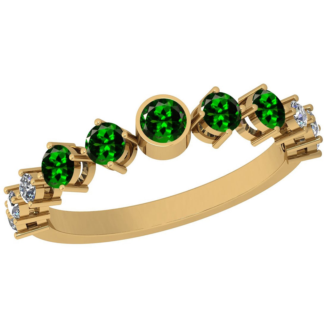 Certified 0.35 Ctw VS/SI1 Tsavorite And Diamond 14k Yellow Gold Band Ring: Certified 0.35 Ctw VS/SI1 Tsavorite And Diamond 14k Yellow Gold Band Ring -- Center Stone Approx Weight: 0.20 Ctw (Round Cut) Center Stone Color: Tsavorite Center Stone Setting: Prong Side Stone 0.15 