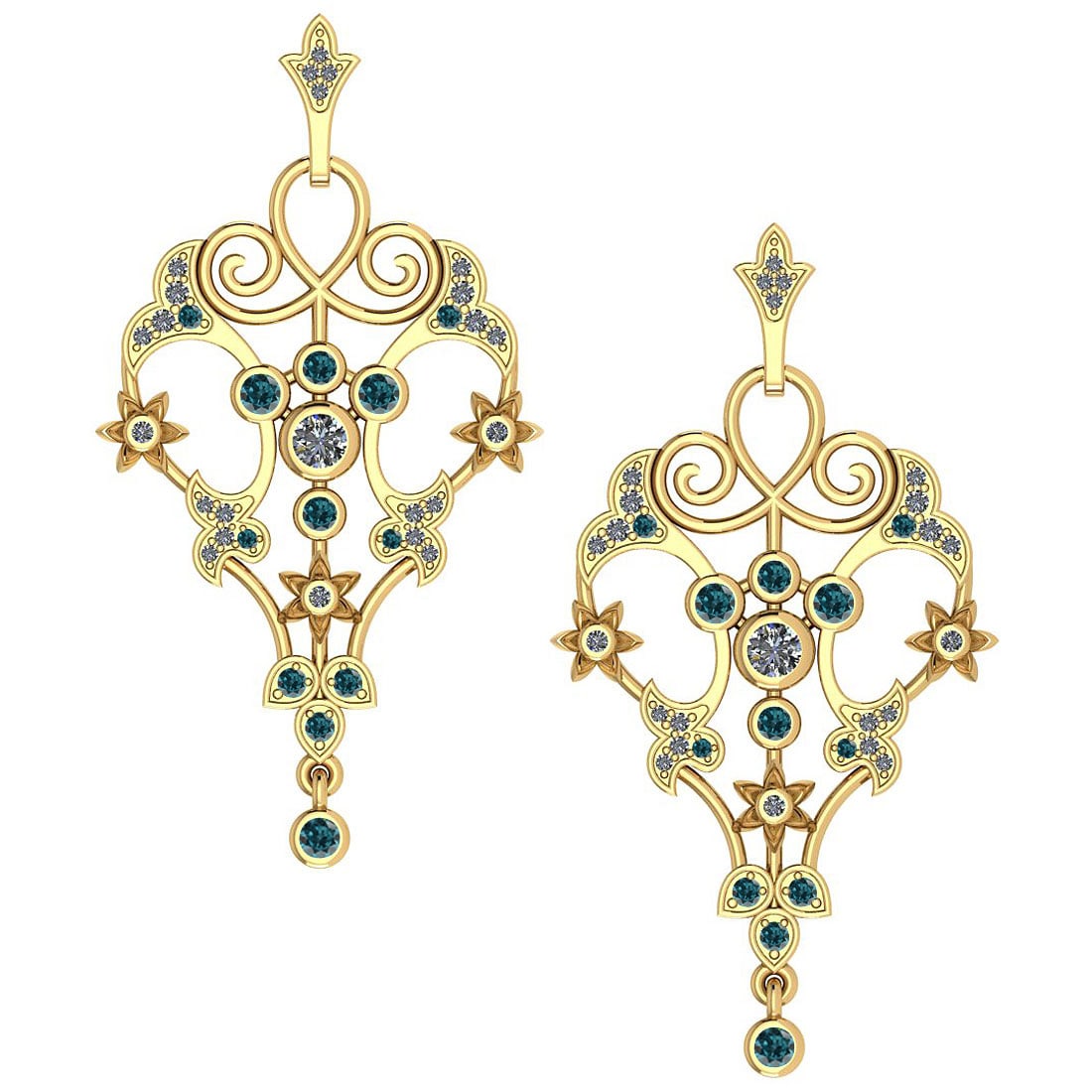 Certified 0.61 Ctw I2/I3 Treated Fancy Blue And White Diamond 14K Yellow Gold Victorian Style: Certified 0.61 Ctw I2/I3 Treated Fancy Blue And White Diamond 14K Yellow Gold Victorian Style Earrings -- Center Approx Weight: 0.13 Ctw (Round Cut) Center Color: J-K Center Stone Clarity: I2/I3 Stone
