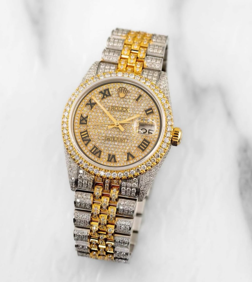 Custom 36mm Rolex Two-Tone Full Diamond Rolex Comes with Box & Appraisal (14.00 cttw, G-H, SI1-SI2): Custom 36mm Rolex Two-Tone Full Diamond Rolex Comes with Box & Appraisal (14.00 cttw, G-H, SI1-SI2) -- Custom 36mm Rolex Two-Tone Full Diamond Rolex Comes with Box & Appraisal (14.00 cttw, G-H, SI1-SI