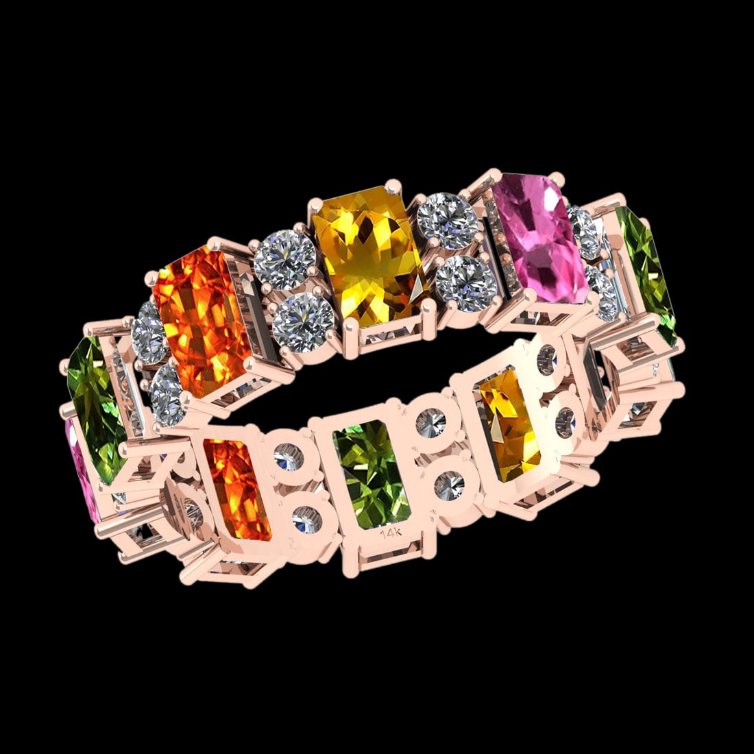 3.38 Ctw SI2/I1 Multi Sapphire And Diamond 14K Rose Gold Eternity Band Ring: 3.38 Ctw SI2/I1 Multi Sapphire And Diamond 14K Rose Gold Eternity Band Ring -- Multi Stone Weight : 2.50 Ctw (Emerald Cut ) Multi Stone Color : Pink,Yellow,Green,Orange Sapphire Stone Setting : Prong 
