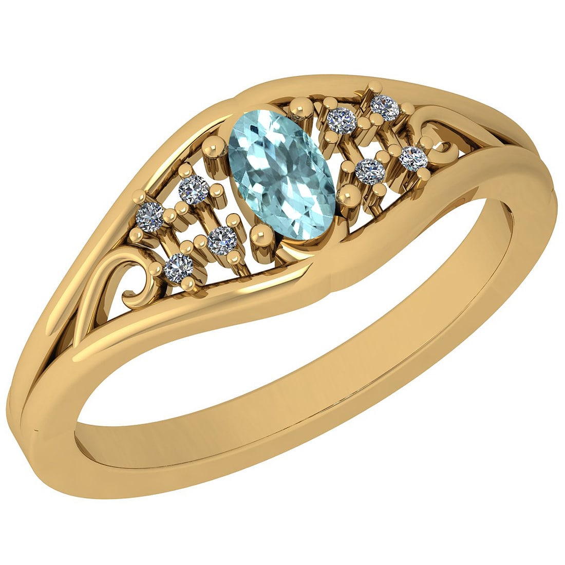 0.24 Ctw VS/SI1 Aquamarine And Diamond 14K Yellow Gold Ring: 0.24 Ctw VS/SI1 Aquamarine And Diamond 14K Yellow Gold Ring -- Center Stone Approx Weight: 0.20 Ctw (Oval Cut) Center Stone Color: Aquamarine Center Stone Setting: Prong Side Stone 0.04 Ctw Side Stone