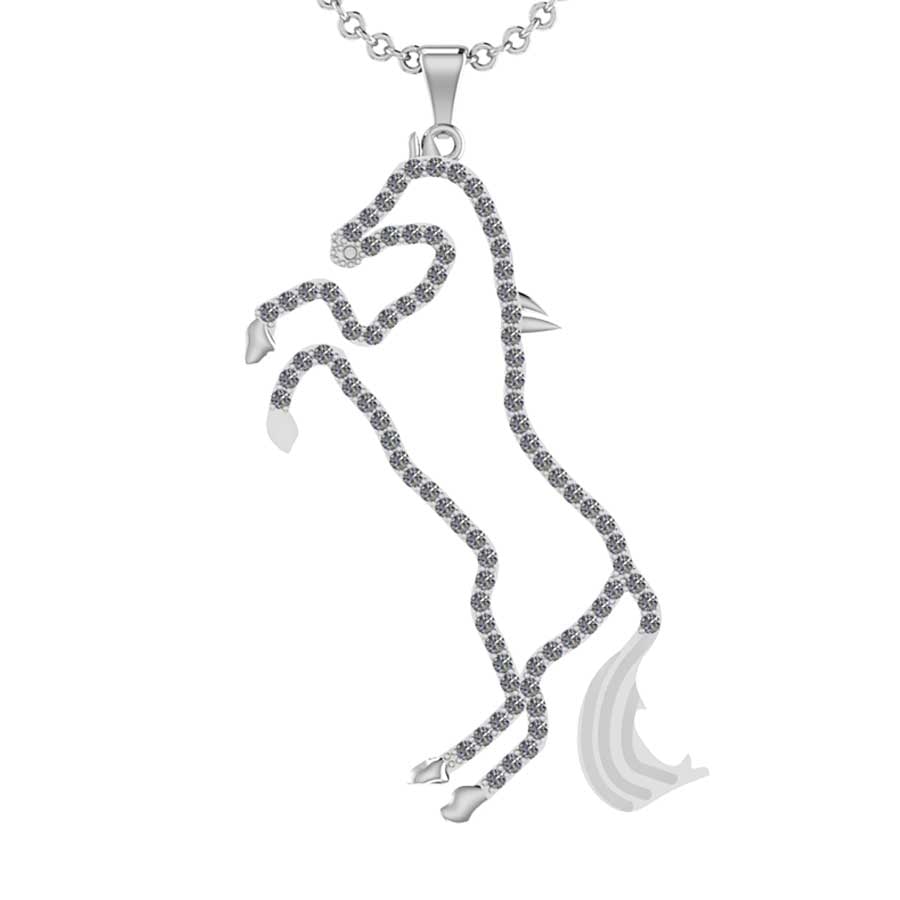 1.10 Ctw SI2/I1 Diamond 14K White Gold Horse Pendant Necklace: 1.10 Ctw SI2/I1 Diamond 14K White Gold Horse Pendant Necklace -- Total Diamond Weight : 1.10 Ctw (Round cut) Center Diamond Color :- J-K Center Clarity : SI2/I1 Stone Setting : Prong Metal Weight : Ap