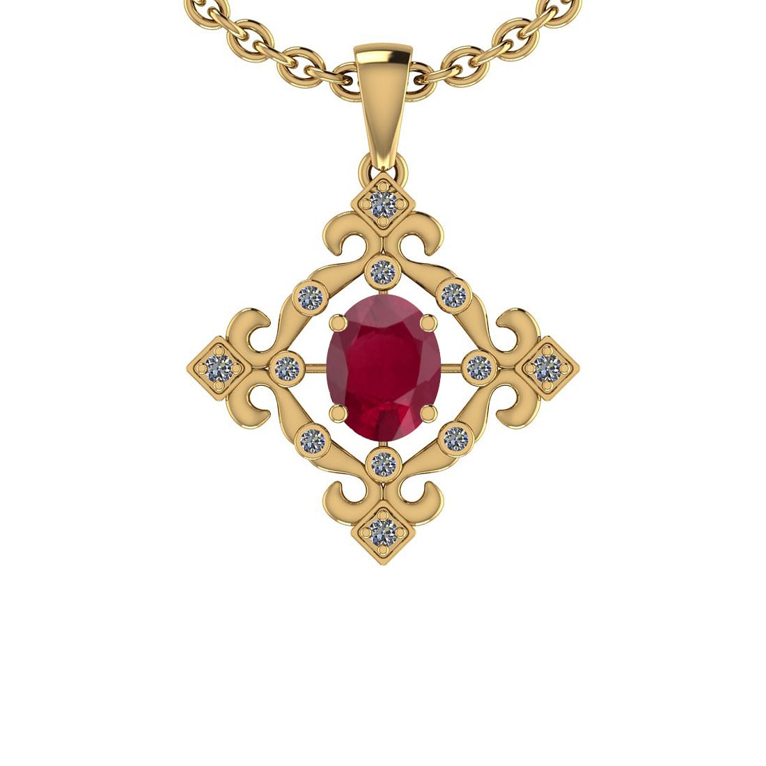 1.40 Ctw SI2/I1 Ruby And Diamond 14K Yellow Gold Vintage Style Pendant: 1.40 Ctw SI2/I1 Ruby And Diamond 14K Yellow Gold Vintage Style Pendant -- Center Stone Weight : 1.20 Ctw (Oval Cut) Center Stone Color :-Ruby Center Stone Setting : Prong Side Stone Weight Of Ctw 0.20