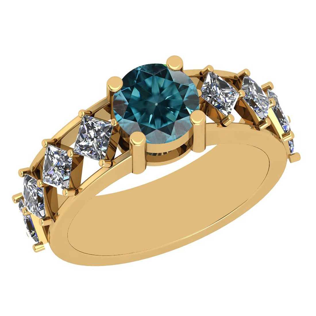 2.20 Ctw I2/I3 Treated Fancy Blue And White Diamond 14K Yellow Gold Ring: 2.20 Ctw I2/I3 Treated Fancy Blue And White Diamond 14K Yellow Gold Ring -- Center Diamond Weight : 1.00 Ctw ( Round Cut) Center Color :-Treated Fancy Blue Diamond Center Stone Clarity :- I2/I3 Center