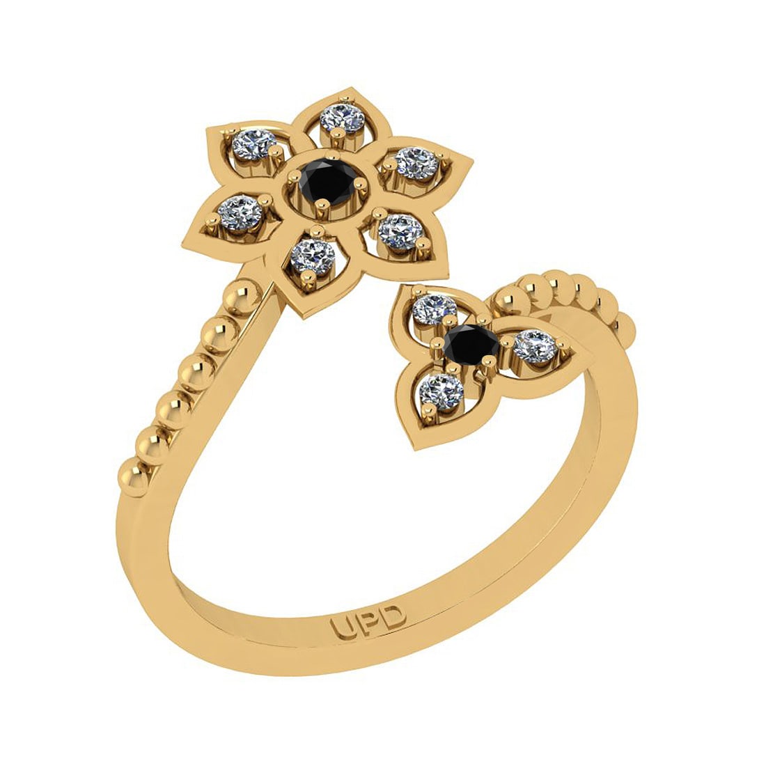 0.30 Ctw i2/i3 Treated Fancy Black and White Diamond 14K Yellow Gold Flower Bypass Style Ring: 0.30 Ctw i2/i3 Treated Fancy Black and White Diamond 14K Yellow Gold Flower Bypass Style Ring -- Color Stone Weight : 0.07 Ctw ( Round cut) Center Stone Color : Treated Fancy Black Diamond Center Clar