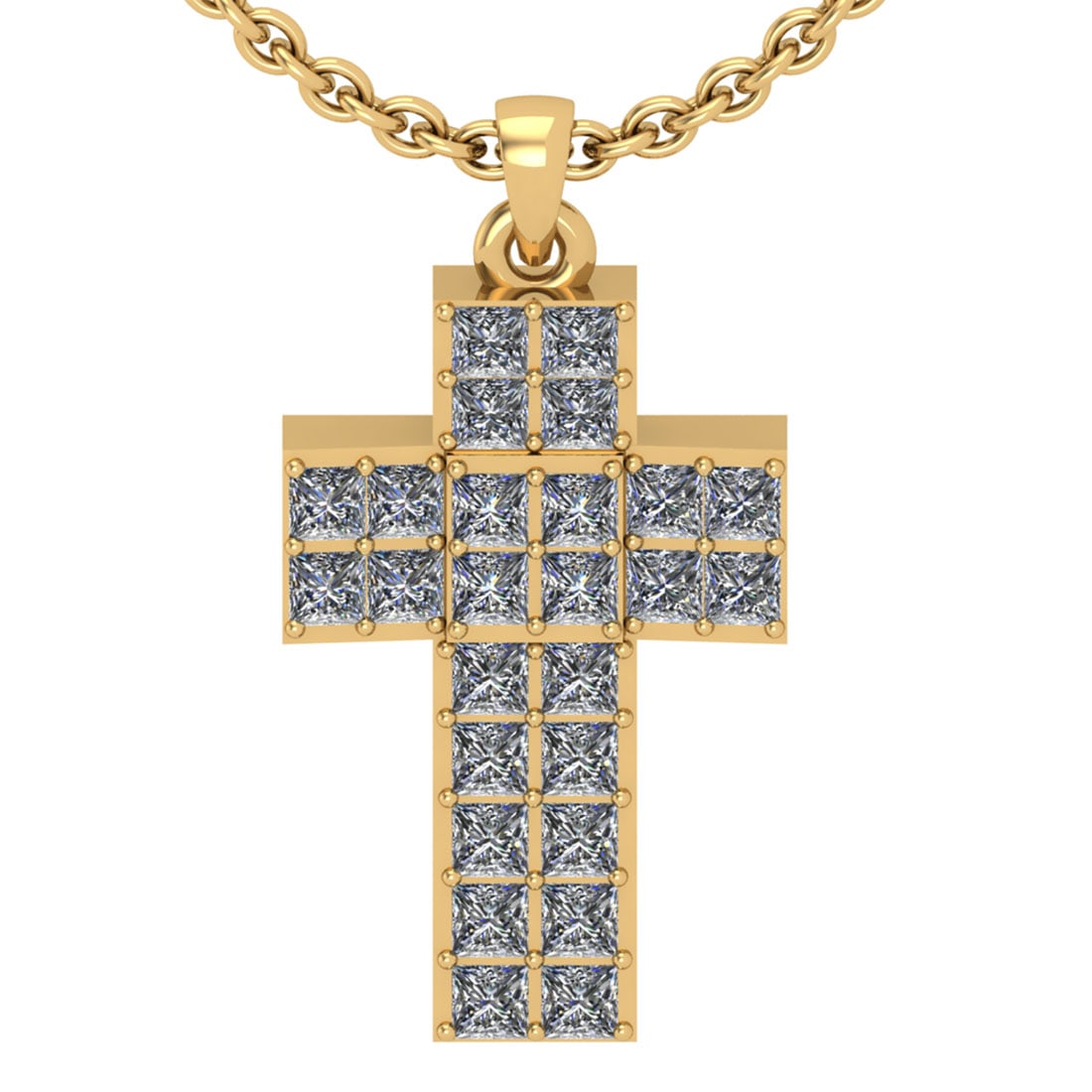1.56 Ctw SI2/I1 Diamond 14K Yellow Gold Cross Pendant Necklace: 1.56 Ctw SI2/I1 Diamond 14K Yellow Gold Cross Pendant Necklace -- Total Diamond Weight : 1.56 Ctw (Princess Cut) Color : J-K Setting : Prong Stone Clarity : SI2/I1 Metal Weight : Approx 4.10 Gram 14K 