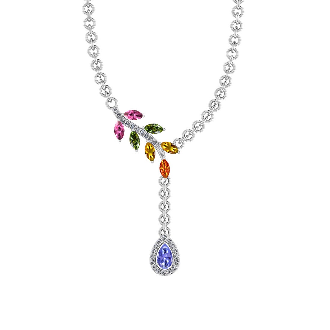 Certified 1.13 Ctw I2/I3 Multi Sapphire, tanzanite And Diamond 10K White Gold Necklace: Certified 1.13 Ctw I2/I3 Multi Sapphire, tanzanite And Diamond 10K White Gold Necklace -- Multi Stone Approx Weight: 1.00 Ctw (Marquise& Pear Cut) Multi Stone Color: Sapphire tanzanite Center Setting: