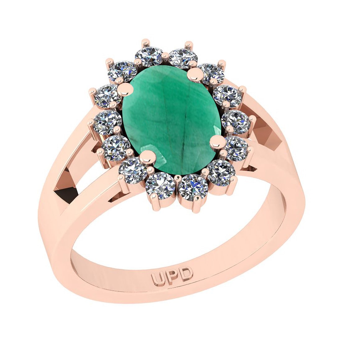3.02 Ctw SI2/I1 Emerald And Diamond 14K Rose Gold Engagement Ring: 3.02 Ctw SI2/I1 Emerald And Diamond 14K Rose Gold Engagement Ring -- Center Stone Weight : 2.50 Ctw (Oval Cut) Center Stone Color :-Emerald Stone Setting : Prong Side Stone Weight Of Ctw 0.52 Ctw Side