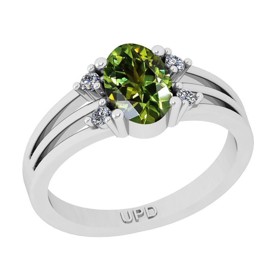 0.81 Ctw I2/I3 Green Sapphire And Diamond 10K White Gold Promises Ring: Center Stone Weight : 0.75 Ctw ( Oval Cut) Center Stone Color :-Green Sapphire Stone Setting : Prong Side Stone Weight Of Ctw 0.06 Ctw Side Stone Color : J-K Stone Clarity : I2/I3 Stone Setting : Pron