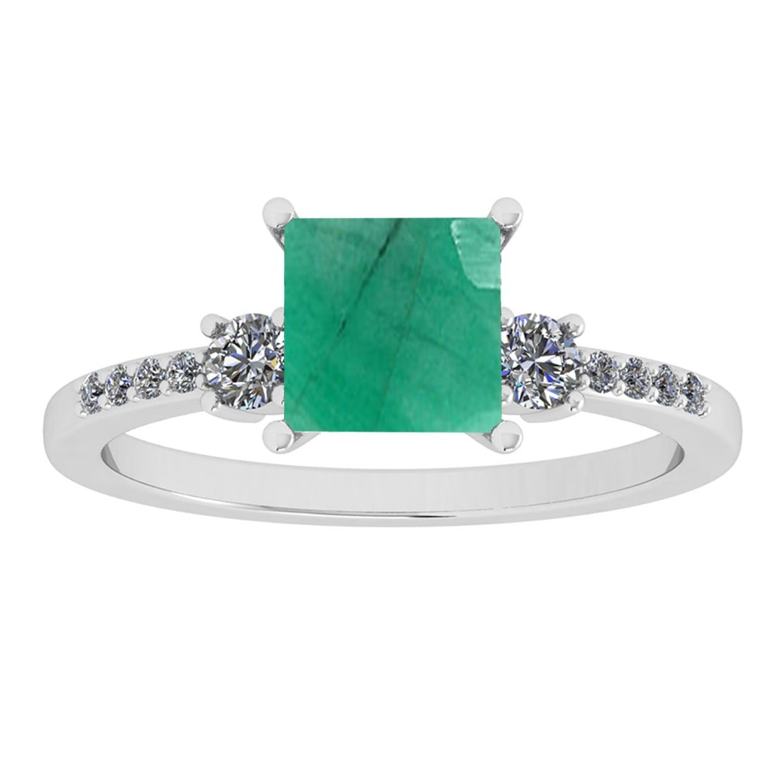 1.53 Ctw VS/SI1 Emerald And Diamond 14K White Gold Cocktail Ring: Center Stone Weight : 1.25 Ctw ( Princess Cut ) Center Stone Color : Emerald Stone Setting : Prong Side Diamond Weight Of Ctw 0.28 Ctw Side Stone Color : J-K Stone Clarity : VS/SI1 Stone Setting : Pro