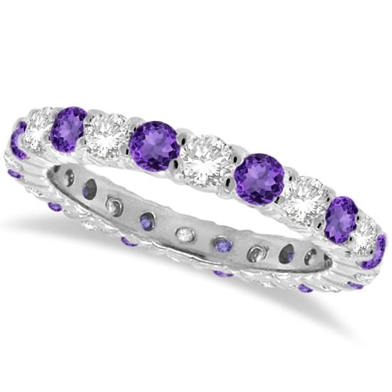 Purple Amethyst and Diamond Eternity Ring Band 14k White Gold 1.07ctw: CENTER STONE; Amethyst CENTER STONE CLARITY; CENTER STONE COLOR; Purple CENTER STONE SETTING; Prong SIDE STONE CLARITY; SI SIDE STONE COLOR; J-K SIDE STONE SETTING; Prong ctw OF SIDE STONE: 0.5 SIDE S