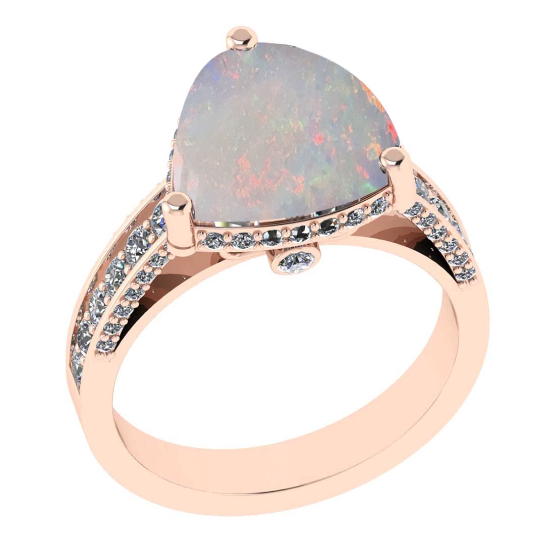 4.33 Ctw SI2/I1 Opal and Diamond 14K Rose Gold Engagement Ring: Center Stone Weight : 3.40 Ctw Center stone Color :- Opal Setting : Prong Side Weight Of Ctw 0.93 Ctw Color : J-K Clarity : SI2/I1 Stone Setting : Prong Metal Weight : Approx 5.40 gram 14K Rose Gold E