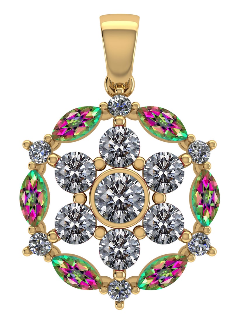 Certified 1.30 CTW Genuine Mystic Topaz And Diamond 14K Yellow Gold Pendant: Diamond Weight (13pcs) 1.00 CTWRound Center Stone Clarity:SI1-SI2 Center Stone Color: White Diamond Stone Setting ;Bezel Side Stone Clarity;SI1-SI2 Side Stone Color ; Marquise Mystic Topaz G-H Side St