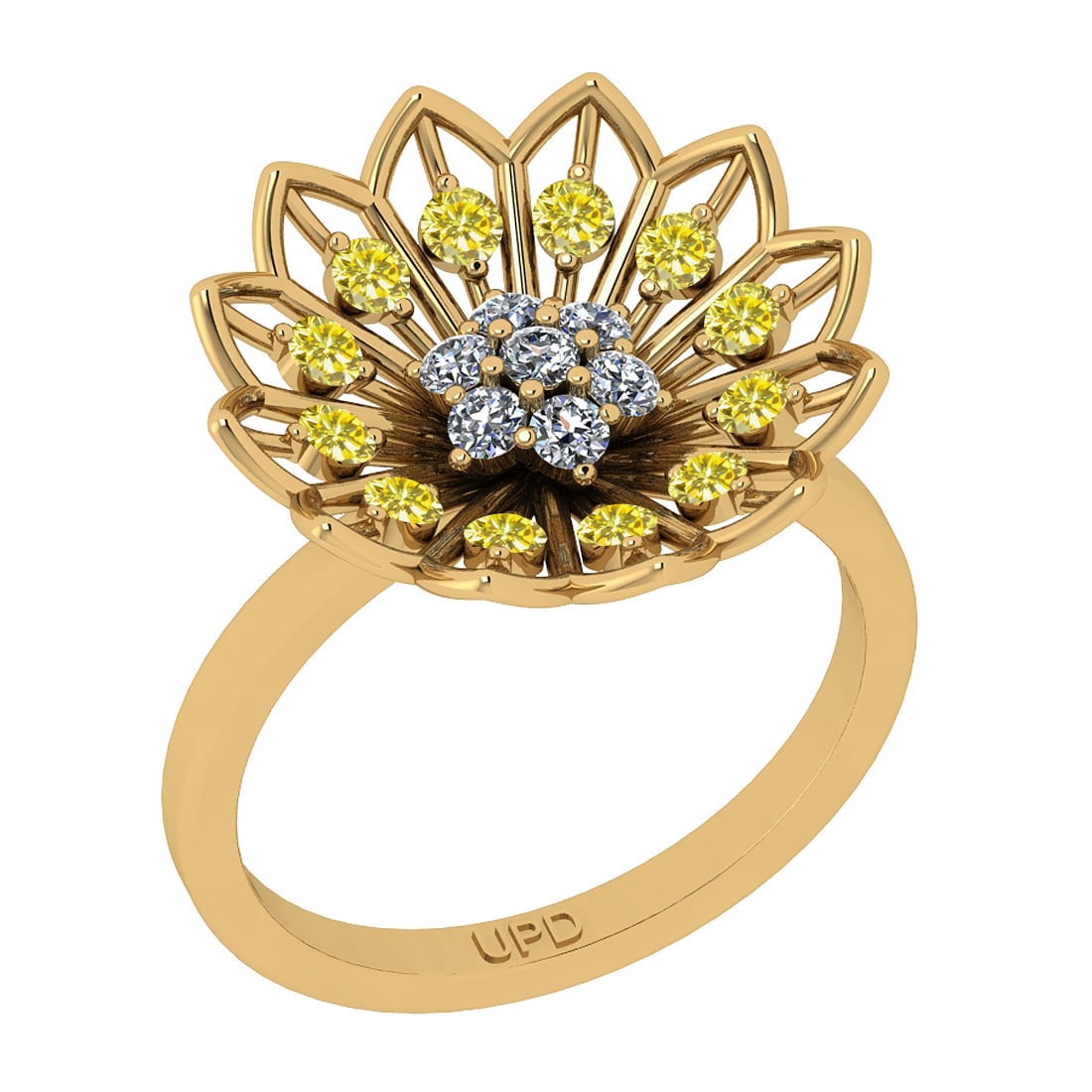 0.65 Ctw i2/i3 Treated Fancy Yellow and White Diamond 14K Yellow Gold Flowe: Color Stone Weight : 0.25 Ctw ( Round cut) Center Stone Color : Treated Fancy Yellow Diamond Center Clarity : i2/i3 Center Stone Setting : Prong Side Stone Weight Of Ctw 0.40 Ctw Side Stone Color : J-