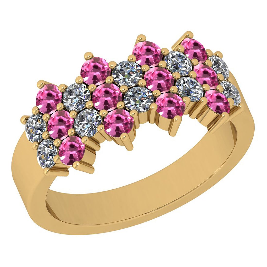 Certified 1.51 Ctw I2/I3 Pink Sapphire And Diamond 10K Yellow Gold Band Rin: Center Stone Approx Weight: 0.82 Ctw (Round Cut) Center Stone Color: Pink Sapphire Center Setting: Prong Side Stone 0.69 ctw Side Stone Color: J-K Side Stone Setting: Prong Side Stone Clarity: I2/I3 M