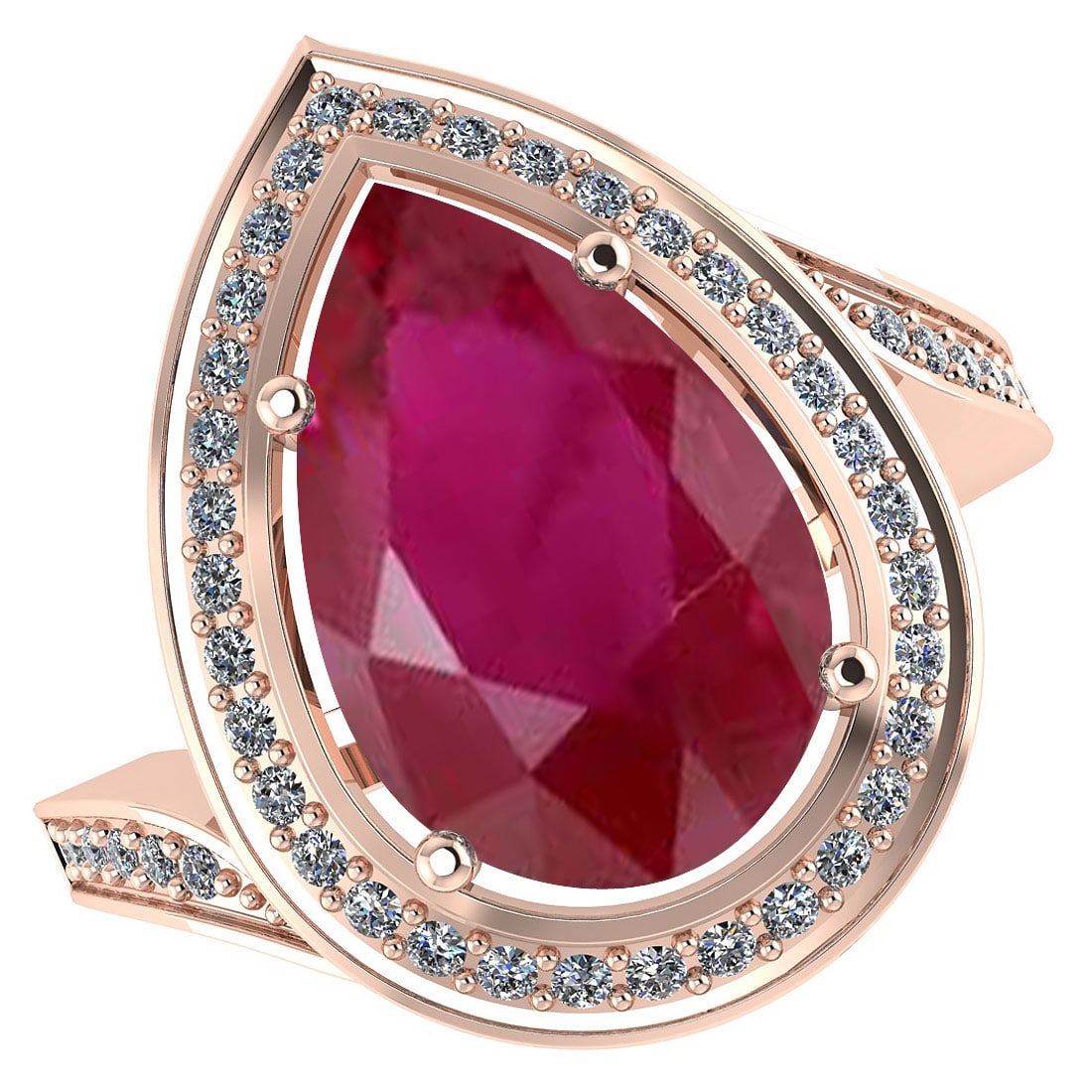 Certified 2.20 CTW Genuine Ruby And Diamond 14K Rose Gold Ring: Center Stone 1.74 CTW Pear Center Stone Clarity:SI1-SI2 Center Stone Color: Genuine Ruby Stone Setting ;Prong Side Stone Clarity;SI1-SI2 Side Stone Color ; White Diamond G-H Side Stone Setting ; Pave