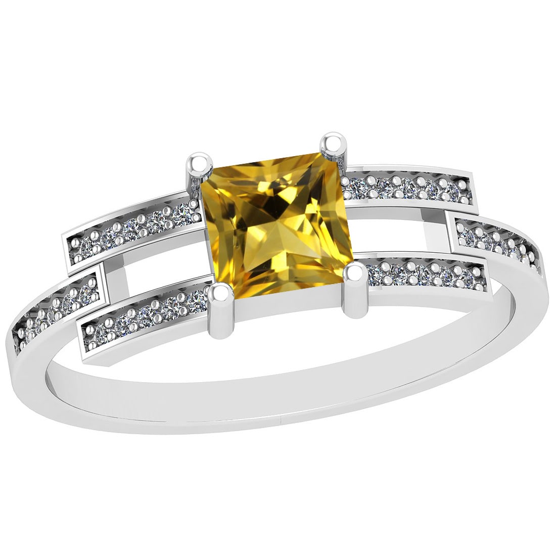 0.90 Ctw I2/I3 Citrine And Diamond 10K White Gold Ring: Center Stone Weight : 0.75 Ctw (Square cut) Center Stone Color :-Citrine Stone Setting : Prong Side Stone Weight Of Ctw 0.15 Ctw Side Stone Color : J-K Stone Clarity : I2/I3 Stone Setting : Prong Meta
