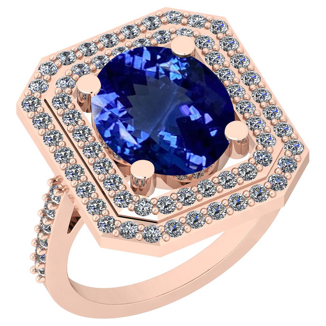 5.47 Ctw VS/SI1 Tanzanite And Diamond 14K Rose Gold Ring: Center Stone Approx Weight: 4.44 Ctw (Oval Cut) Center Stone Color: Tanzanite Center Stone Setting: Prong Side Stone 1.03 Ctw Side Stone Color: H-I Stone Clarity: VS/SI1 Stone Setting: Prong Metal App
