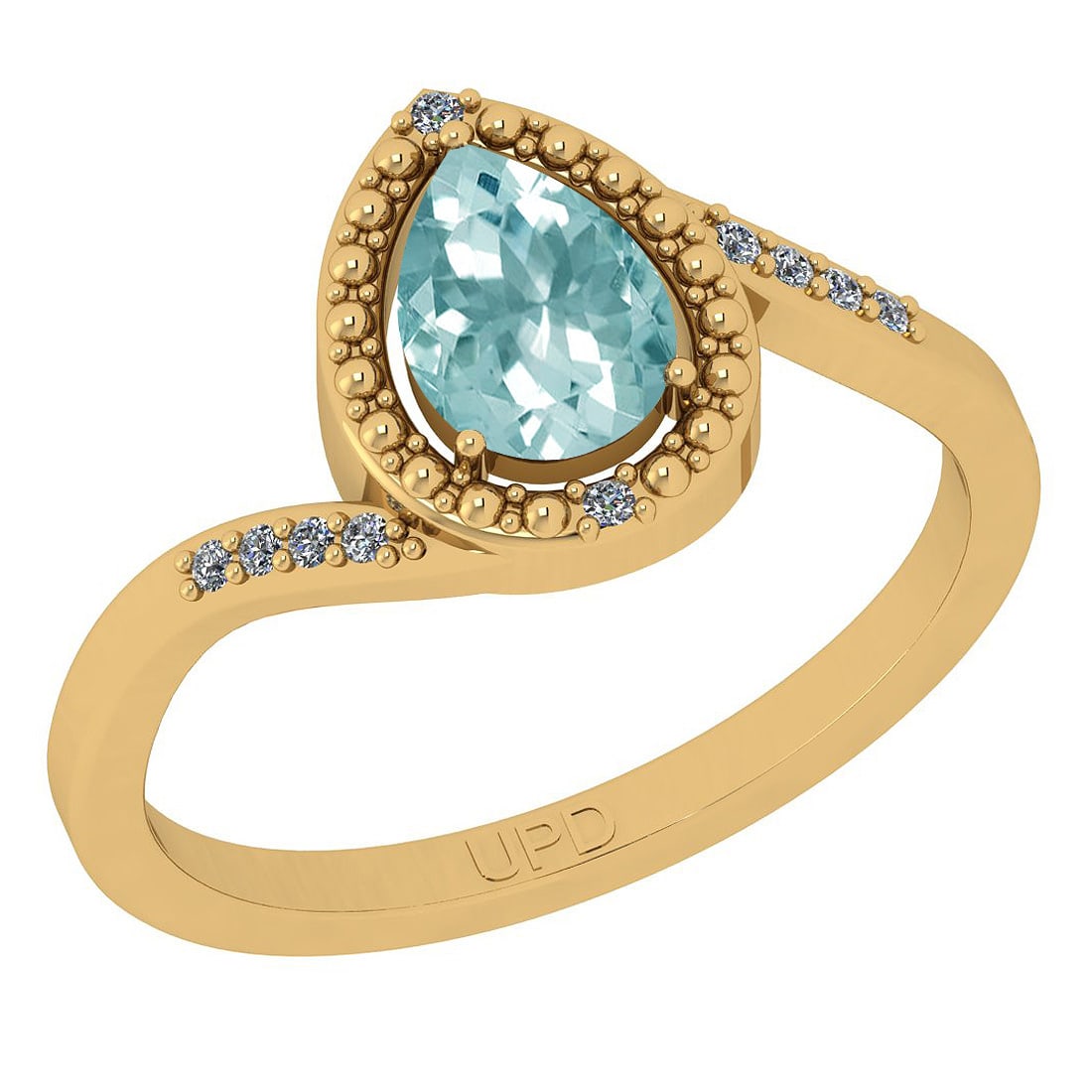 0.65 Ctw SI2/I1 Aquamarine And Diamond 14K Yellow Gold Ring: Center Stone Weight : 0.60 Ctw (Pear Cut) Center Stone Color :-Aquamarine Center Stone Setting : Prong Side Stone Weight Of Ctw 0.05 Ctw Side Stone Color : J-K Stone Clarity : SI2/I1 Stone Setting : P