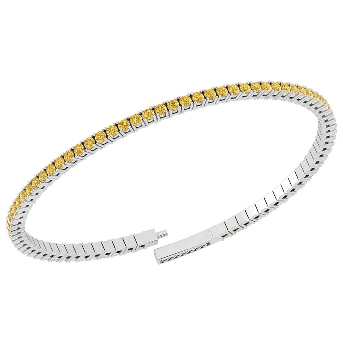 1.66 Ctw i2/i3 Treated Fancy Yellow Diamond 14K White Gold Bangle: Center Diamond Weight : 1.66 Ctw (Round Cut) Center Diamond Color :-Treated Fancy Yellow Diamond Center Clarity : i2/i3 Stone Setting : Prong Metal Weight : Approx 6.36 Gram 14K White Gold Bangle MJ40
