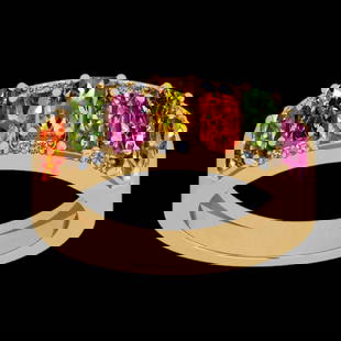 1.87 Ctw SI2/I1 Multi Sapphire And Diamond 14K Yellow Gold Eternity Half Ba: Multi Stone Weight : 1.75 Ctw (Emerald Cut ) Multi Stone Color : Pink,Yellow,Green,Orange Sapphire Stone Setting : Prong Side Stone Weight Of Ctw 0.12 Ctw Side Stone Color : J-K Stone Clarity : SI2/I1