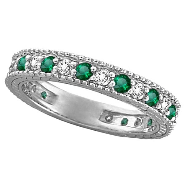 Diamond and Emerald Anniversary Ring Band in 14k White Gold 1.08 ctw: CENTER STONE; Emerald CENTER STONE CLARITY; CENTER STONE COLOR; Green CENTER STONE SETTING; Prong SIDE STONE CLARITY; SI1-SI2 SIDE STONE COLOR; J-K SIDE STONE SETTING; Prong ctw OF SIDE STONE: 0.5 SID