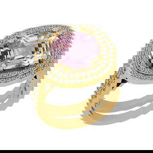 9.00 Ctw I2/I3 Kunzite And Diamond 14K Yellow Gold Cocktail Ring: Center Stone Weight : 7.50 Ctw (Cushion Cut ) Center Stone Color : Kunzite Stone Setting : Prong Side Stone Weight Of Ctw 1.50 Ctw Side Stone Color : J-K Stone Clarity : I2/I3 Stone Setting : Prong Me