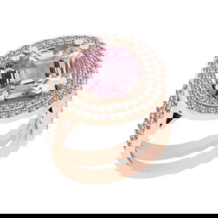 9.00 Ctw I2/I3 Kunzite And Diamond 14K Rose Gold Cocktail Ring: Center Stone Weight : 7.50 Ctw (Cushion Cut ) Center Stone Color : Kunzite Stone Setting : Prong Side Stone Weight Of Ctw 1.50 Ctw Side Stone Color : J-K Stone Clarity : I2/I3 Stone Setting : Prong Me