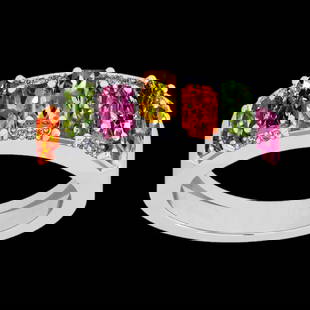 1.87 Ctw SI2/I1 Multi Sapphire And Diamond 14K White Gold Eternity Half Ban: Multi Stone Weight : 1.75 Ctw (Emerald Cut ) Multi Stone Color : Pink,Yellow,Green,Orange Sapphire Stone Setting : Prong Side Stone Weight Of Ctw 0.12 Ctw Side Stone Color : J-K Stone Clarity : SI2/I1