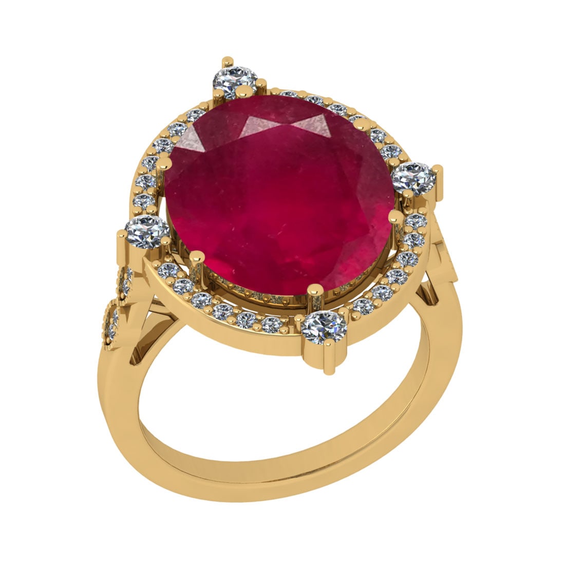 9.30 CtwSI2/I1 Ruby And Diamond 14K Yellow Gold Vintage Style Ring: Center Stone Weight : 8.79 Ctw ( Oval Cut ) Center Stone Color : Ruby Stone Setting : Prong Side Diamond Weight Of Ctw 0.51 Ctw Side Stone Color : J-K Stone Clarity :SI2/I1 Stone Setting : Prong Metal
