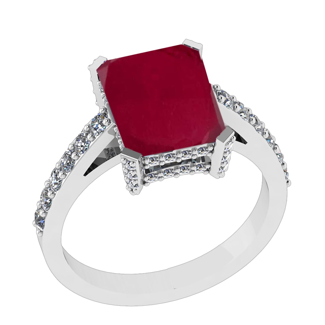 3.27 Ctw SI2/I1 Ruby and Diamond 14K White Gold Engagement Ring: Color Stone Weight : 2.50 Ctw ( Emerald Cut) Stone Color :- Ruby Center Stone Setting : Prong Total Weight Of Ctw 0.77 Ctw Color : J-K Clarity : SI2/I1 Stone Setting : Prong Metal Weight : Approx 4.80