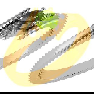 Certified 0.48 Ctw Peridot And Diamond 14k Yellow Gold Ring: Center Stone Weight ; 0.45 Ctw (1 Pcs Round) Center Stone Color: Peridot Center Stone Setting ; Prong Side Stone (1.6 mm 2Pcs Round Diamond) 0.03 ctw Side Stone Color: White G-H Diamond Side Stone