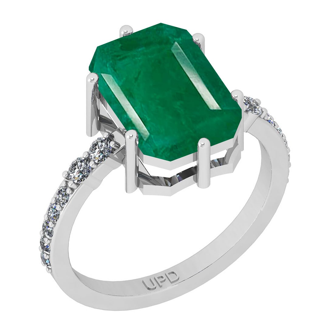 5.12 Ctw SI2/I1 Emerald And Diamond 14K White Gold Ring: Center Stone Weight : 4.84 Ctw (Emerald Cut ) Center Stone Color : Emerald Center Stone Setting : Prong Side Stone Weight Of Ctw 0.28 Ctw Side Stone Color : J-K Stone Clarity : SI2/I1 Stone Setting :